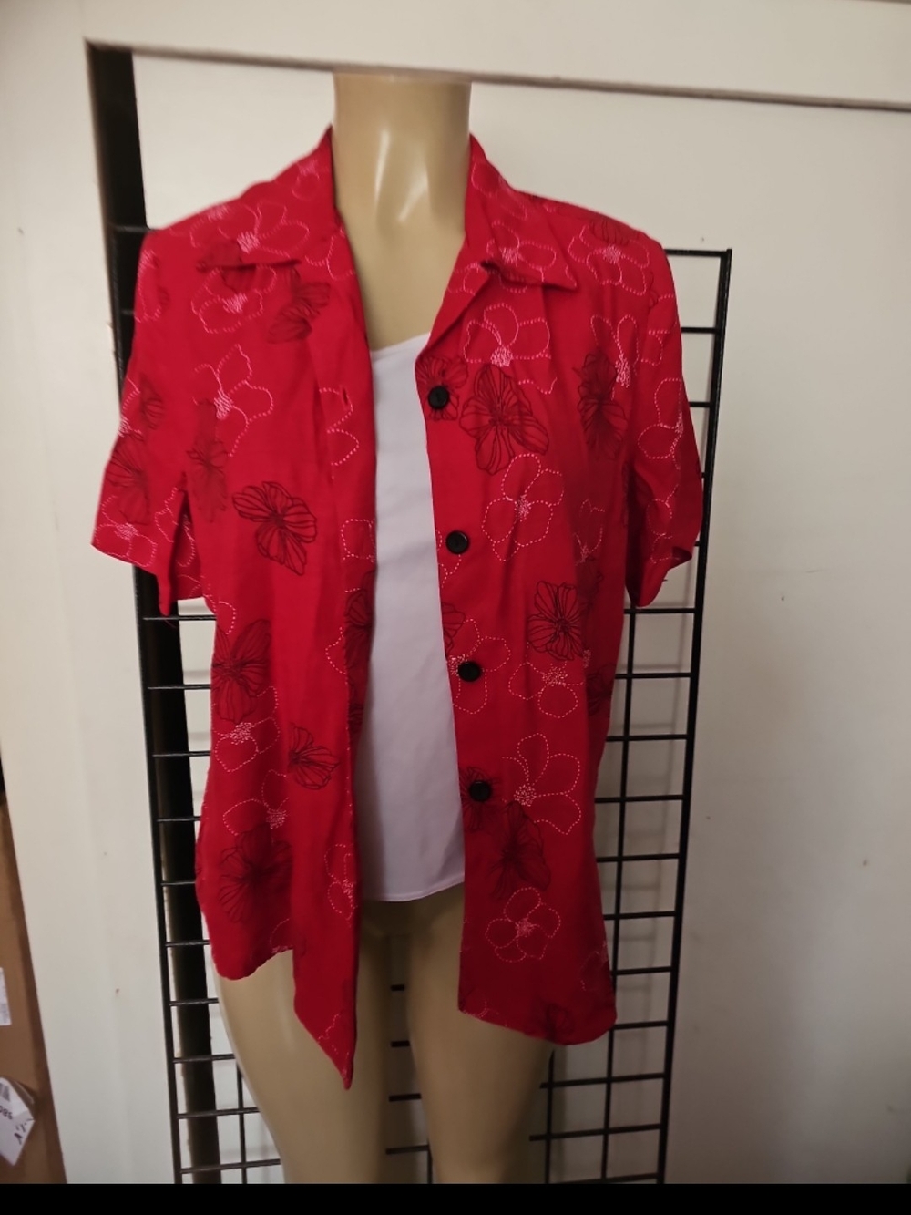 Essentials Red Floral Short Sleeve Button Front Blouse
